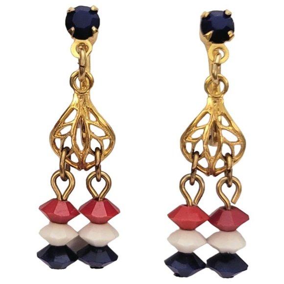 Gold Tone Patriotic Red White Blue Glass Bead Dangle Clip-On Earrings E252 - Picture 6 of 6